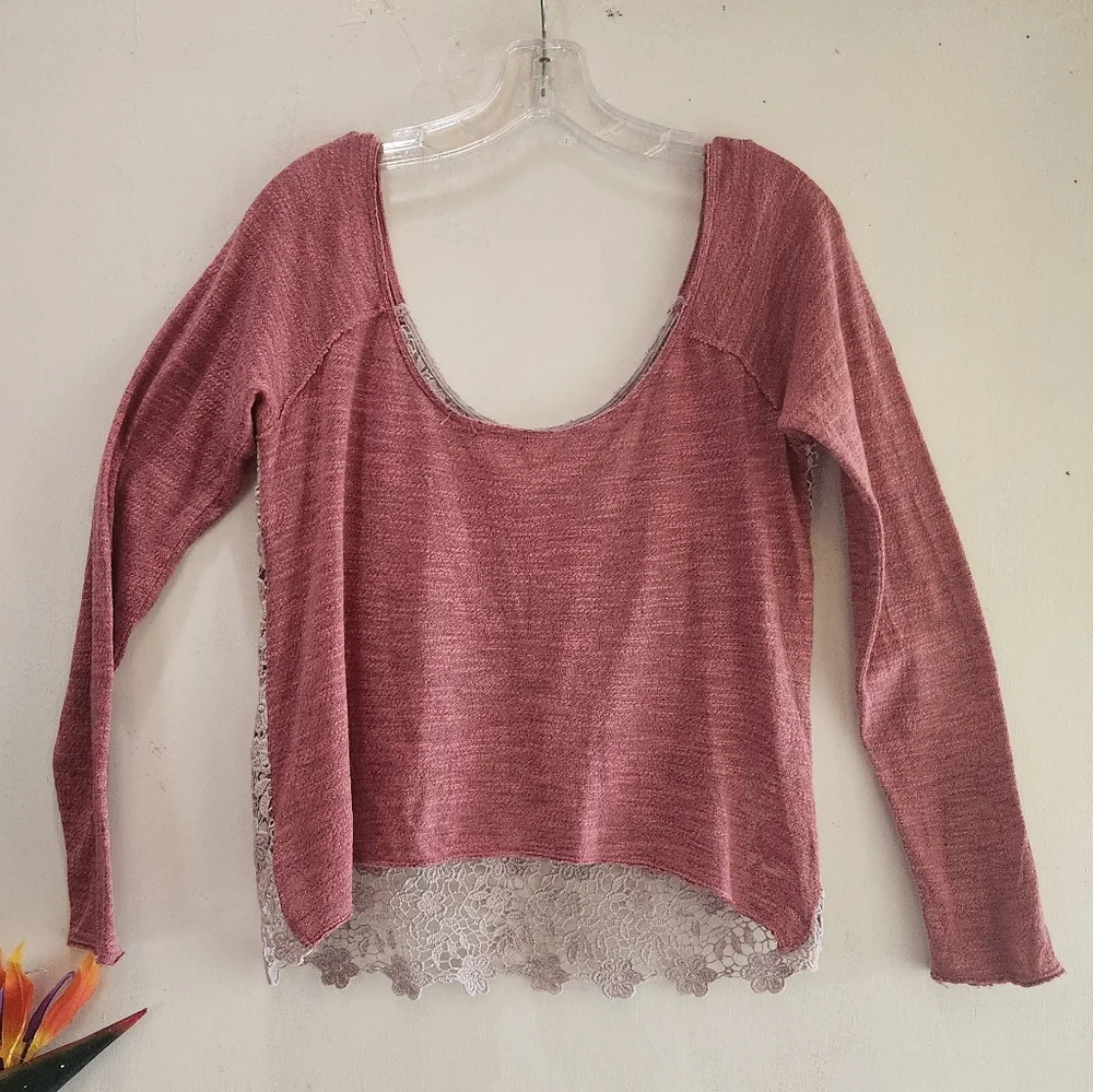 Free People Crochet Daisy Lace Ragland Long Sleeves Scoop Neck Top